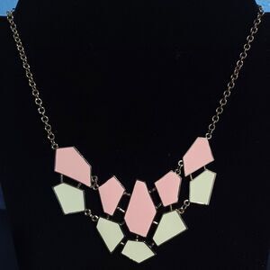 Gold-Toned Geometric Pink & Green Statement Necklace, 14"